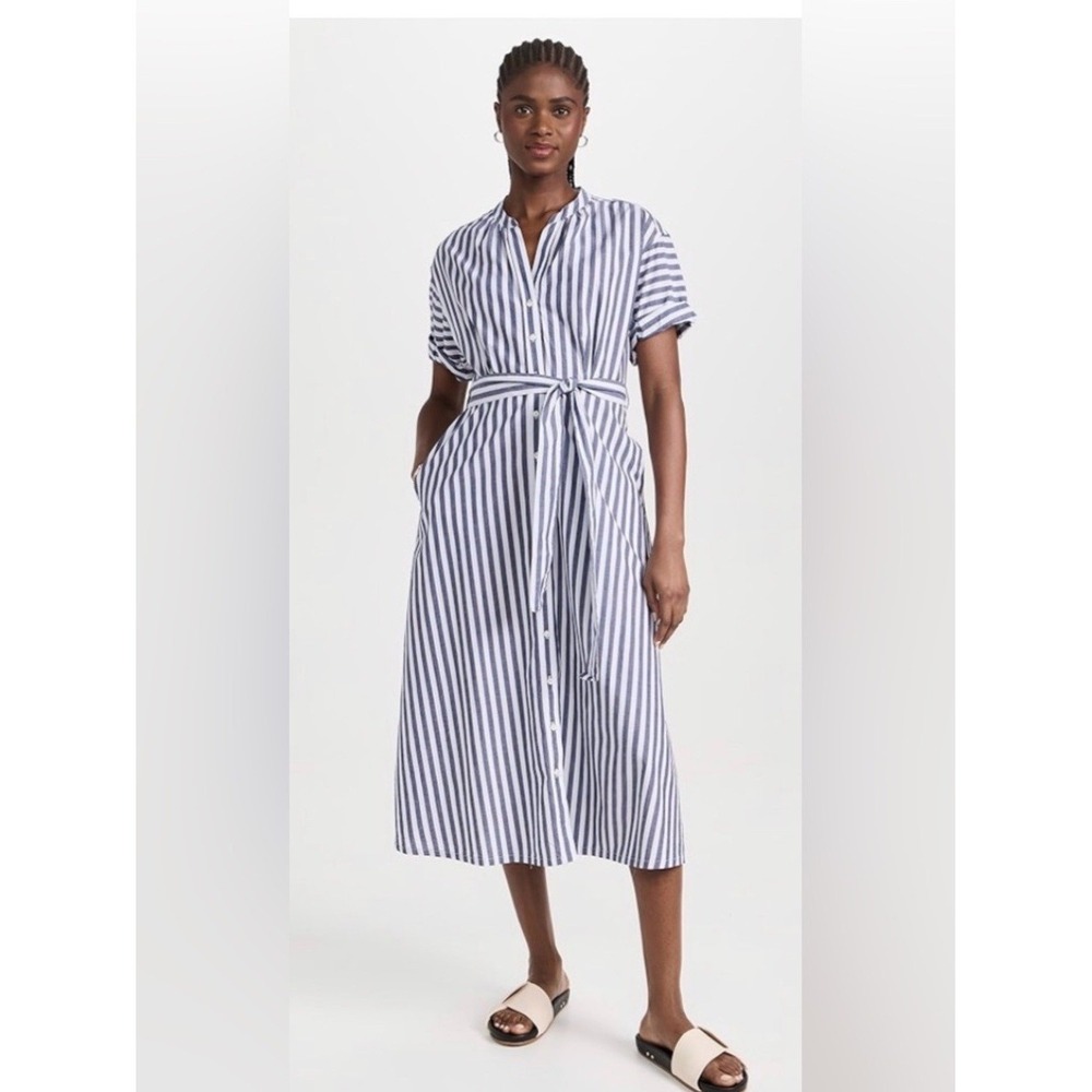 Xirena Liora Striped Midi Dress Small Belted Blue White Cotton Summer